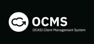 Logo of OCMS in white on black background