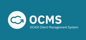 Logo of OCMS in white on blue background